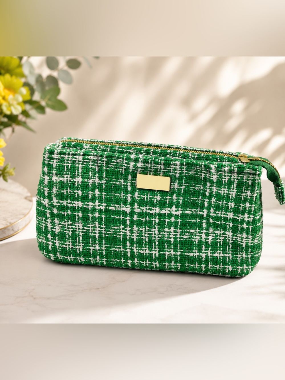 Mario Badescu Green and White Tweed Cosmetic Bag with Gold Accent